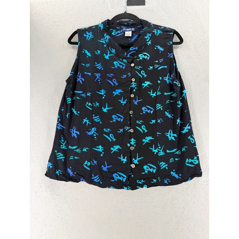 Maggie B. Tank Top Women M Black Blue Teal Asian Calligraphy Script Blouse Artsy